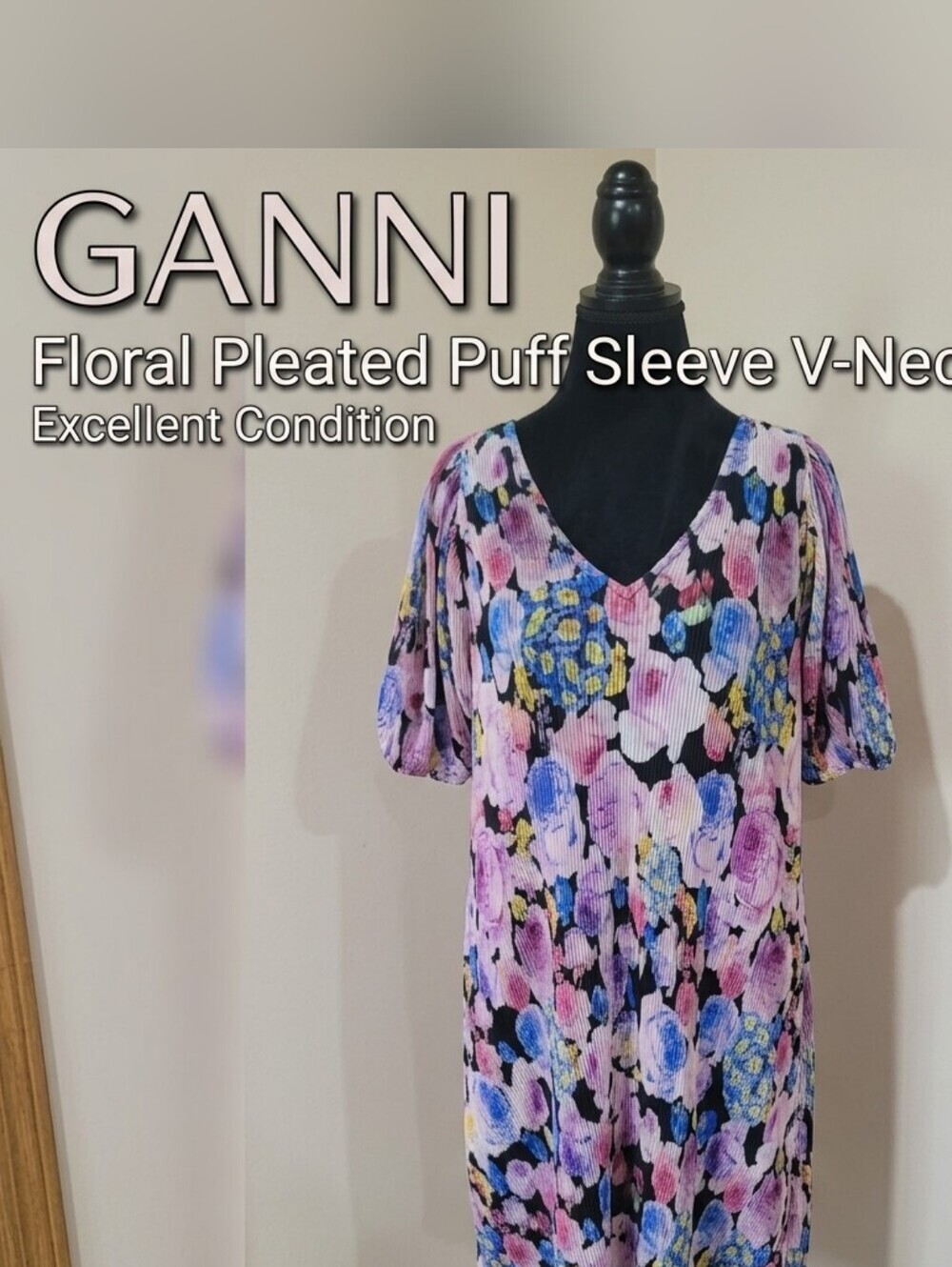 GANNI Georgette Floral Pleated Puff Sleeve V-Neck Dress EU 42 US Large
